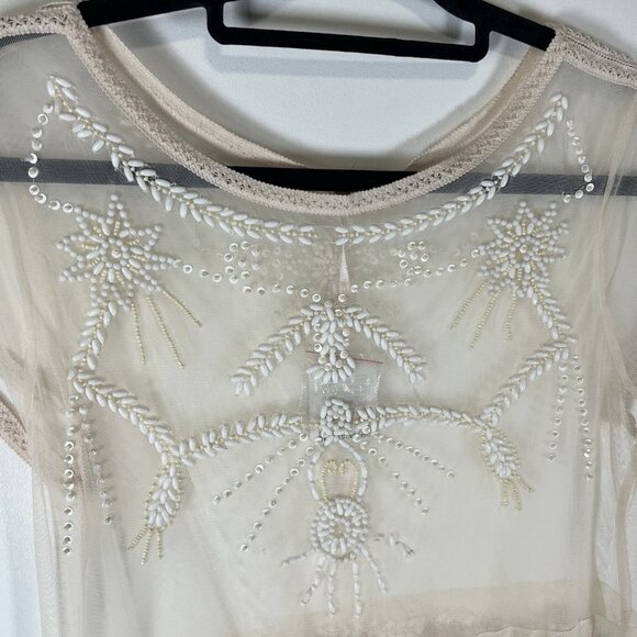 Free People Top Womens Cream Sheer Beaded Mesh Boho Lace Top Size M NWT Boho - Picture 4 of 11